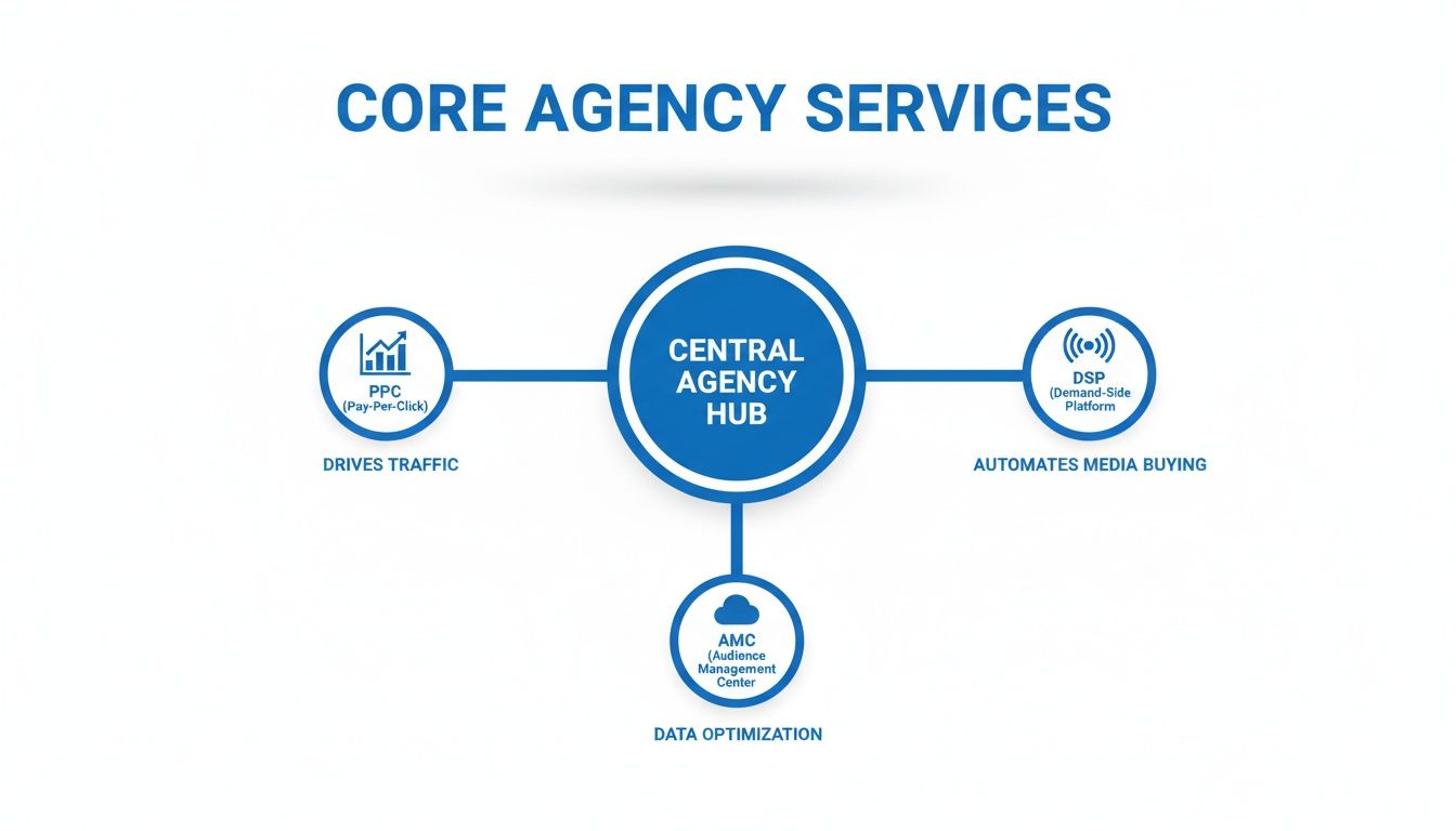 Diagram illustrating core agency services: PPC, DSP, and AMC, all connected to a central hub.