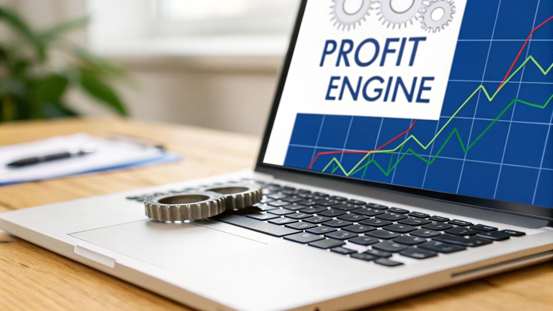 Laptop screen showing 'PROFIT ENGINE' with a financial growth graph and gears on a wooden desk.
