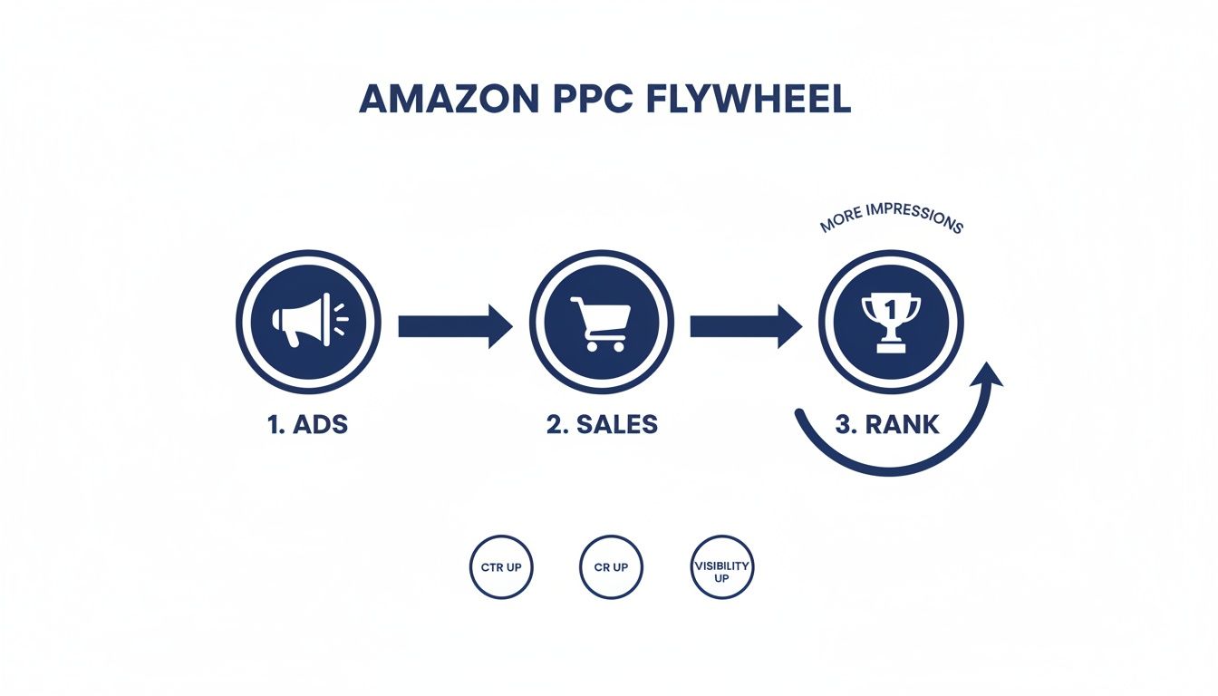 Diagram illustrating the Amazon PPC Flywheel, showing how ads drive sales and improve product rank.