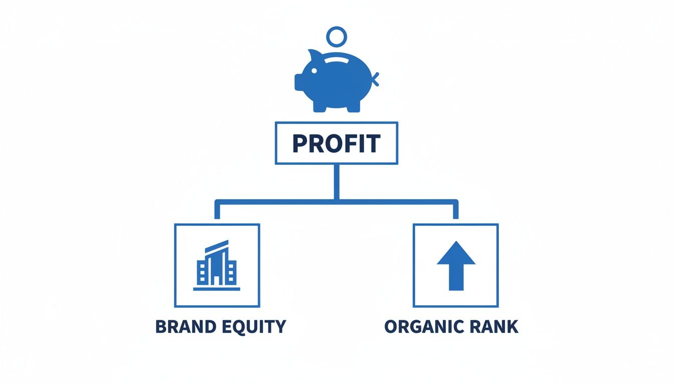 A blue flowchart illustrates how brand equity and organic rank contribute to profit, represented by a piggy bank.