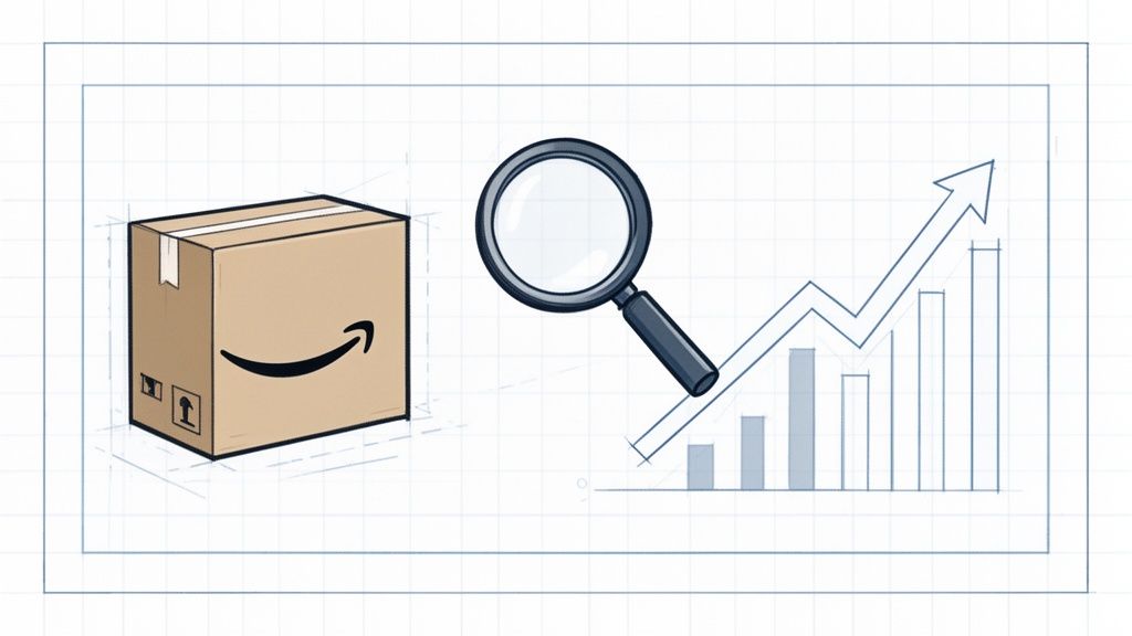 An Amazon package, magnifying glass, and a rising growth chart symbolizing product strategy.