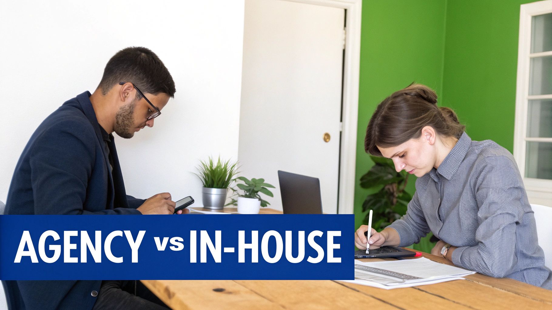 A man on his phone and a woman using a stylus on a tablet, with 'AGENCY vs IN-HOUSE' text.