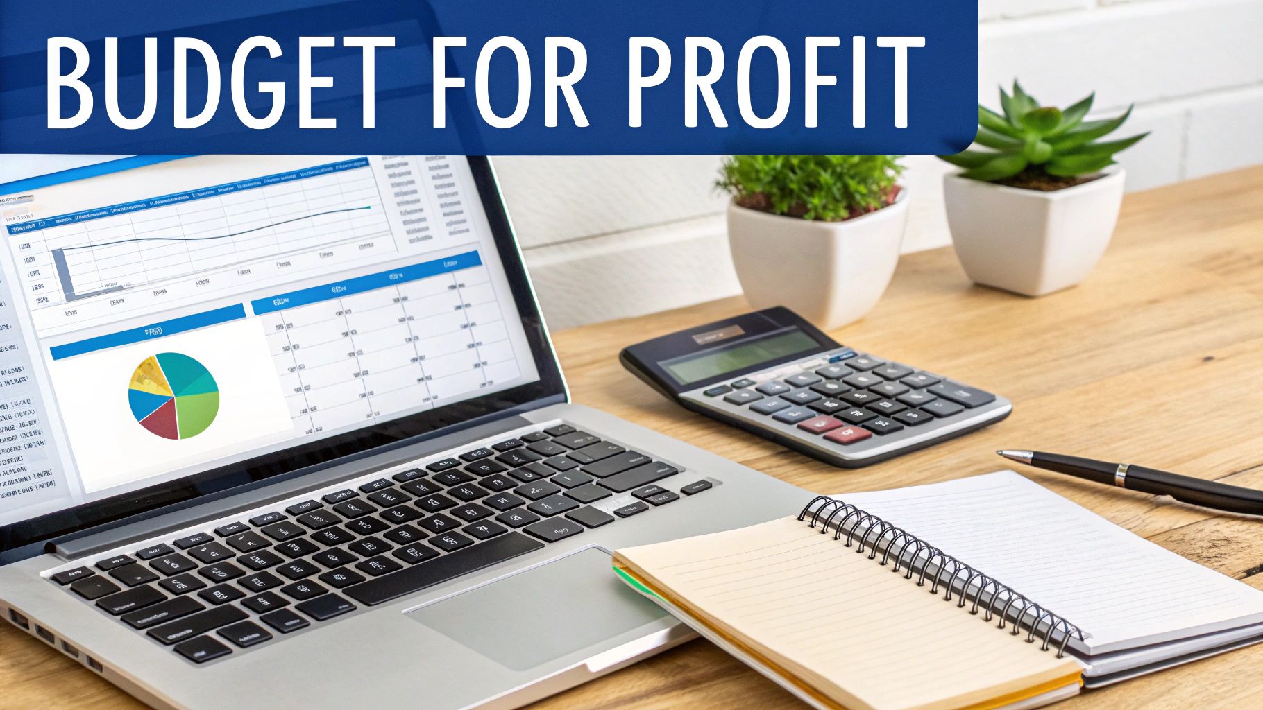 Desk setup with a laptop displaying financial charts, a calculator, notebook, and a 'BUDGET FOR PROFIT' banner.