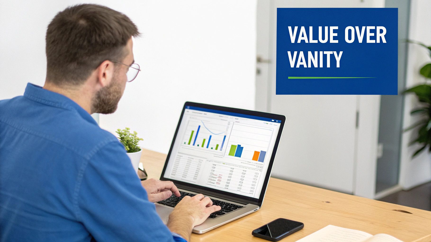 A man in a blue shirt works on a laptop displaying data charts on a wooden desk.