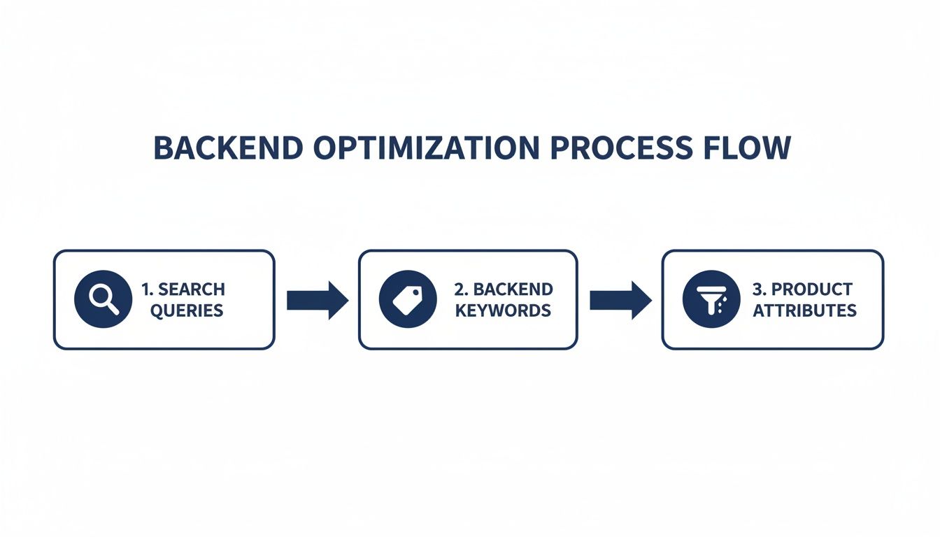 Flowchart illustrating the backend optimization process with steps: search queries, backend keywords, and product attributes.