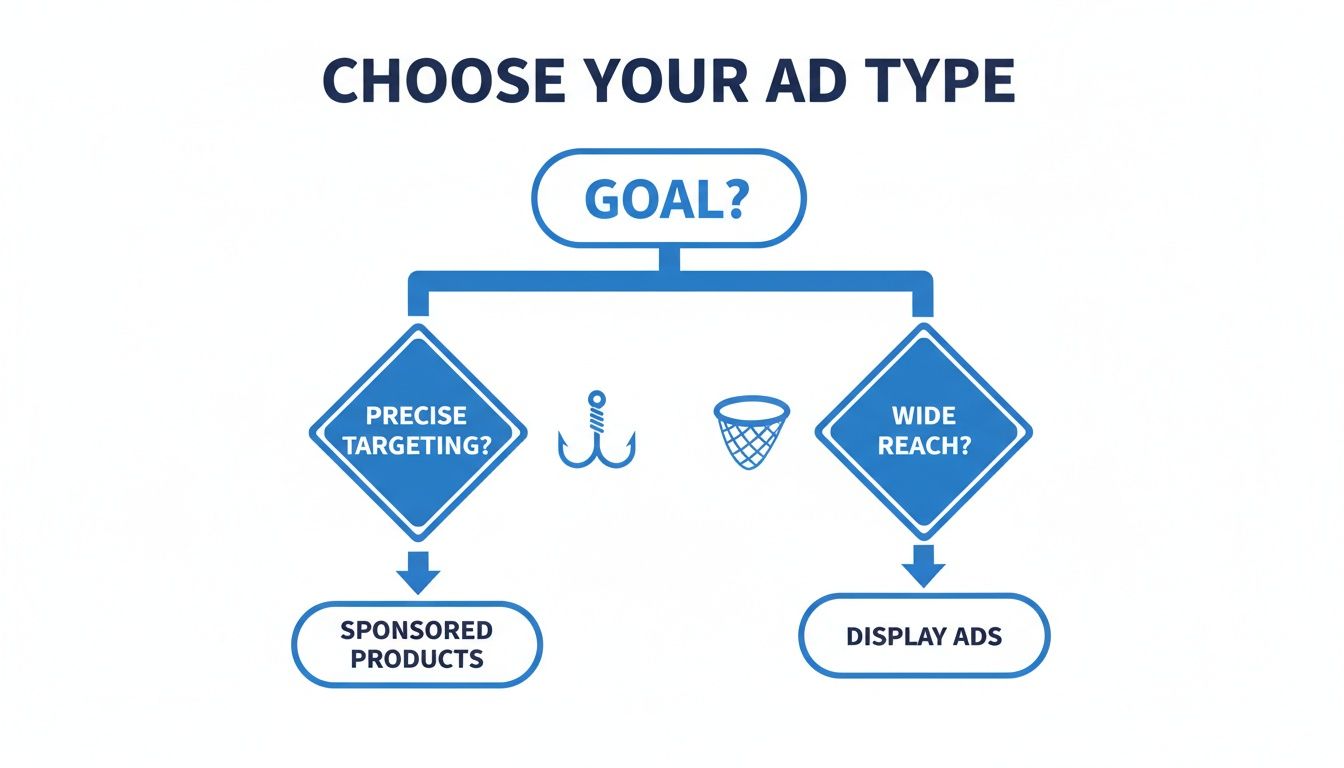Flowchart guiding ad type selection: Precise targeting leads to sponsored products, wide reach leads to display ads.