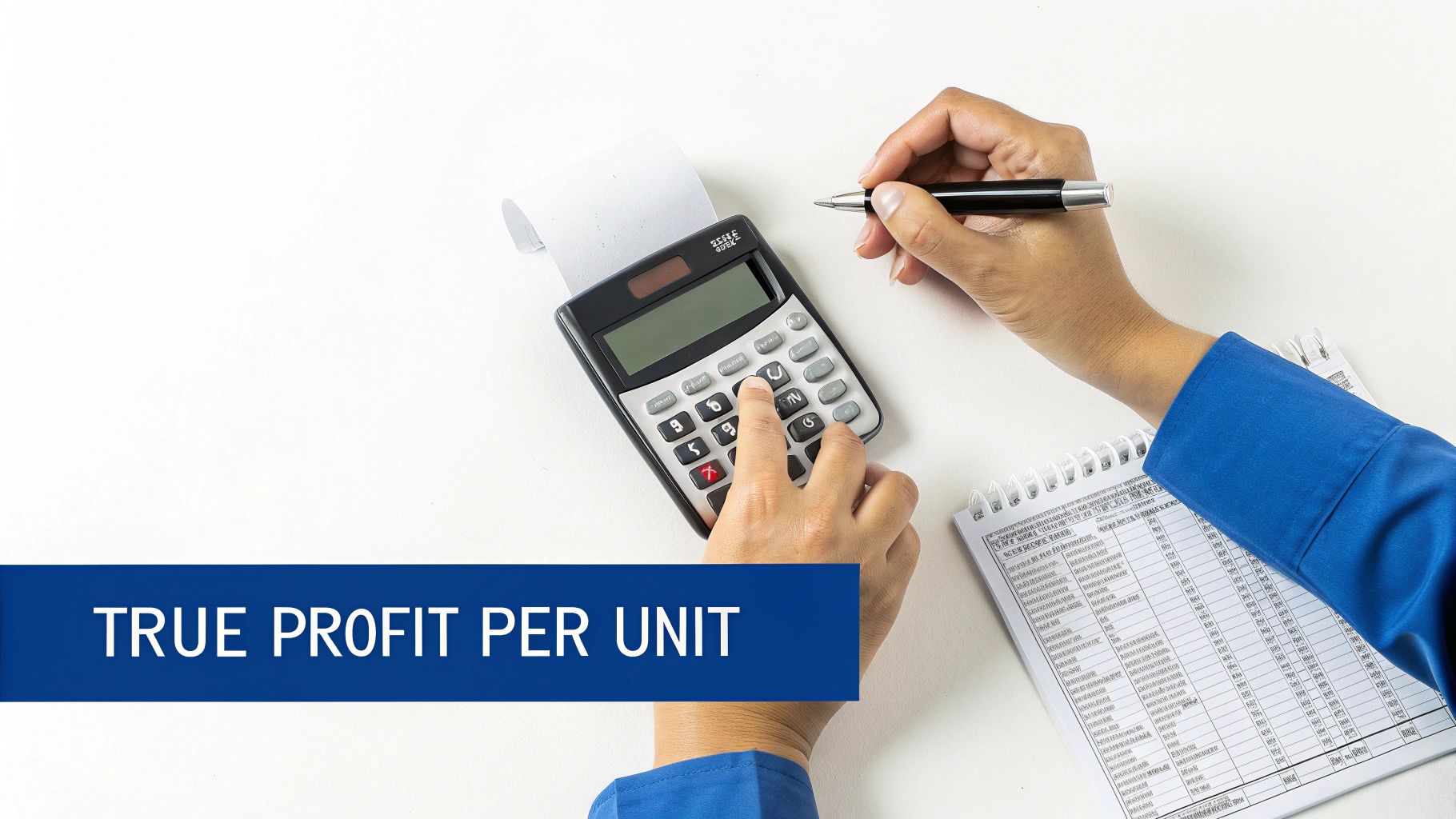 A person uses a printing calculator and pen while reviewing a notepad for profit calculations.