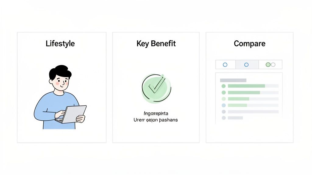 Three white cards displaying product features: lifestyle with a laptop, key benefit with a checkmark, and a comparison chart.