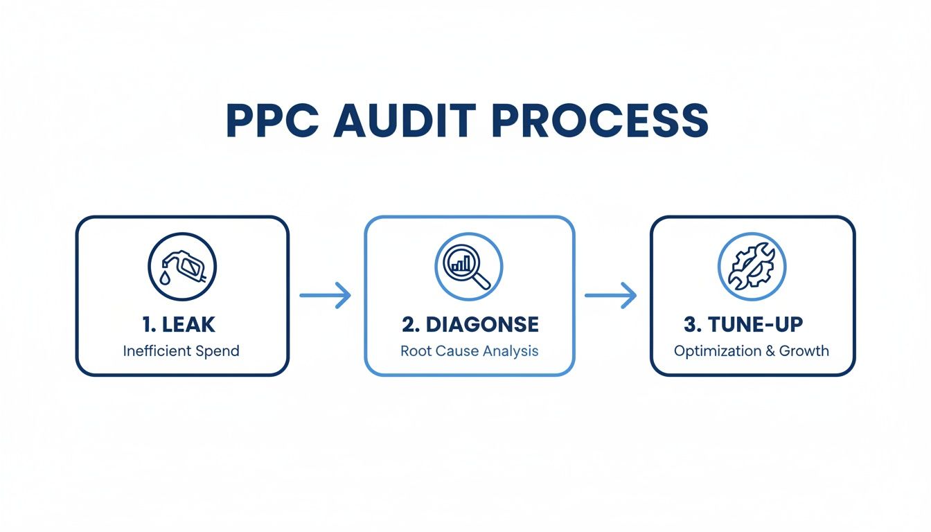 A three-step infographic outlining the PPC audit process: Leak, Diagnose, and Tune-up for growth.