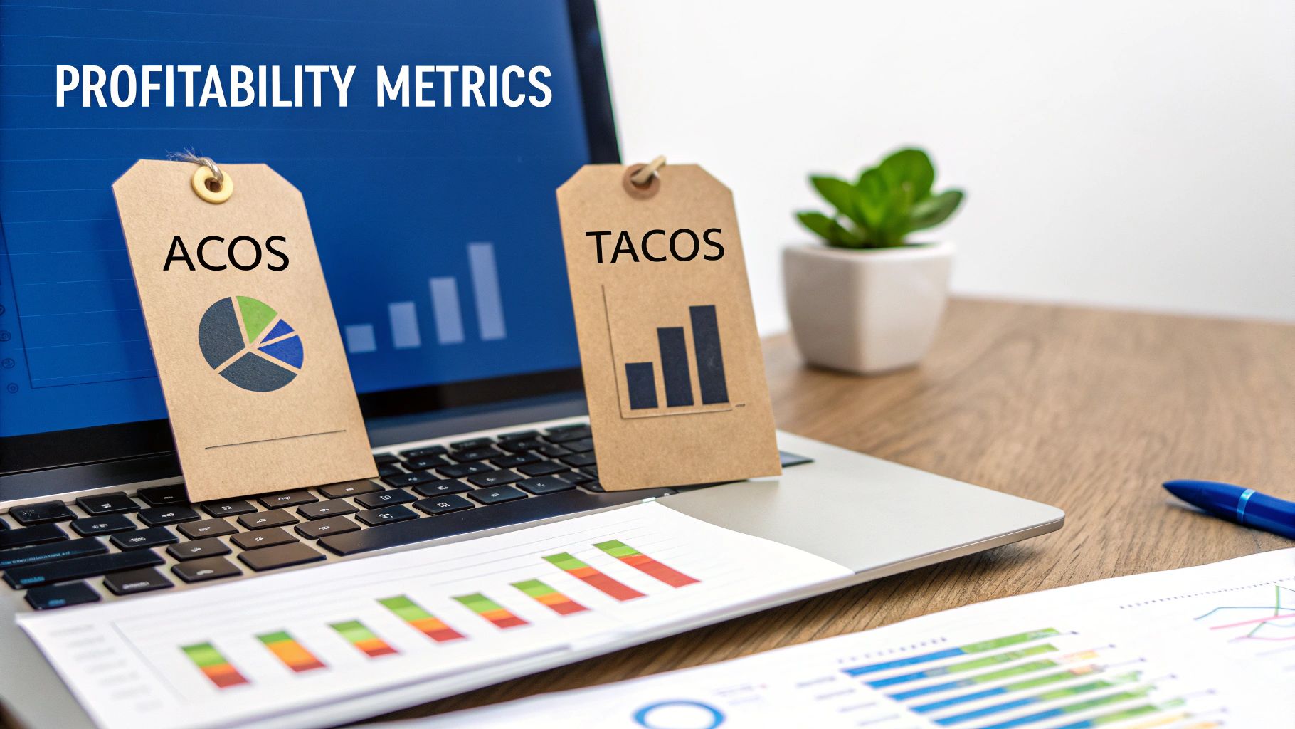 A hand holding a magnifying glass over a bar chart, symbolizing the analysis of advertising metrics like ACOS and TACOS to understand costs.