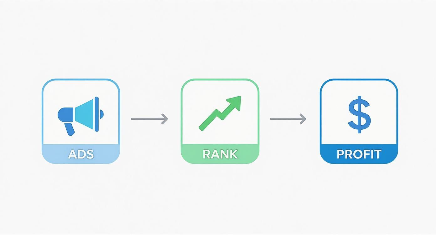 A diagram illustrating the flow from ads (megaphone) to rank (upward trend) to profit (dollar sign).