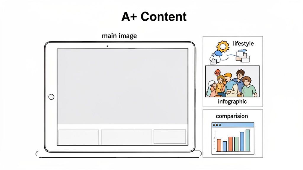 A diagram illustrating A+ Content creation with a tablet display and examples of lifestyle, infographic, and comparison images.
