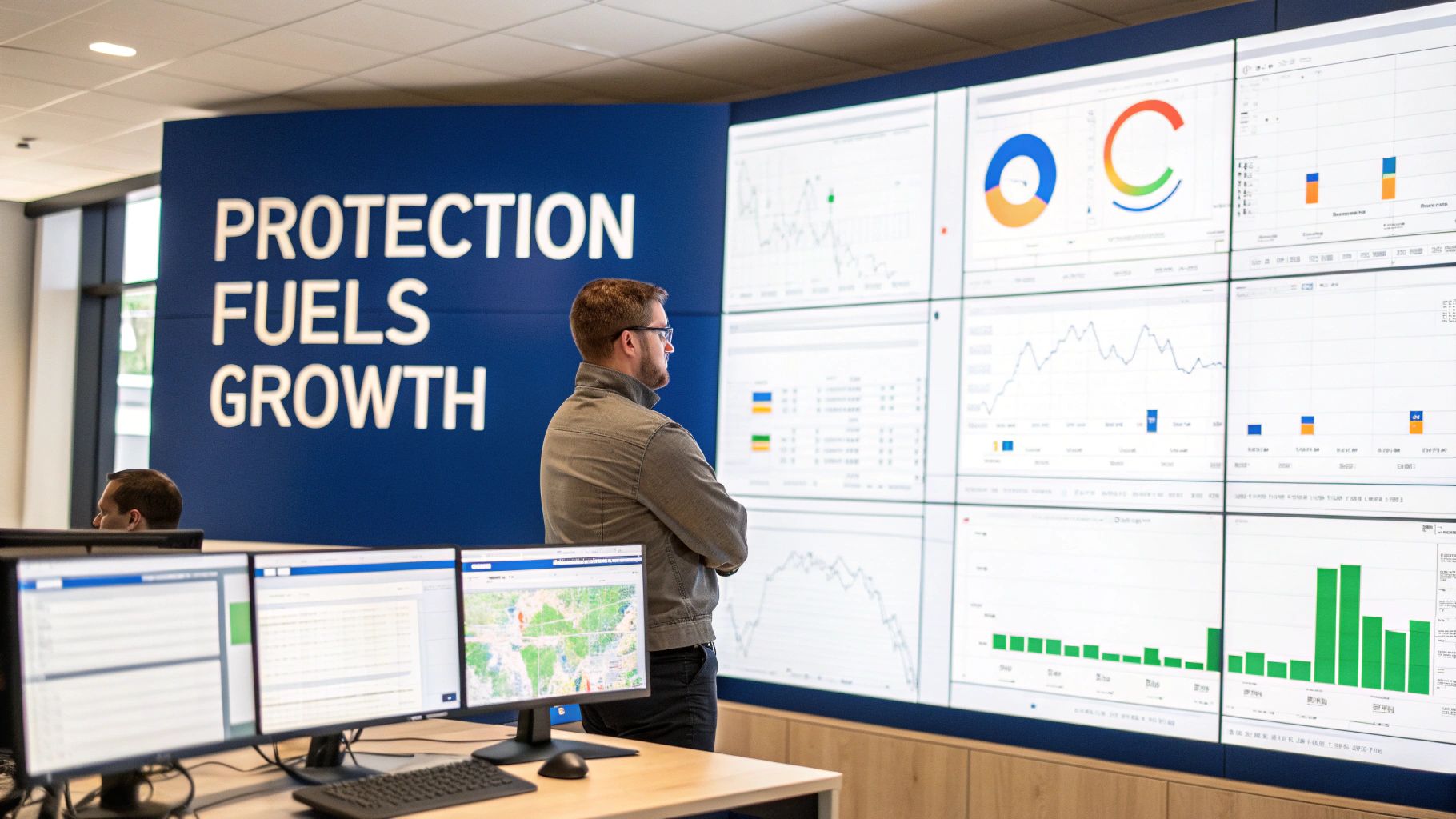 Business professionals collaborating on a marketing strategy in a modern office