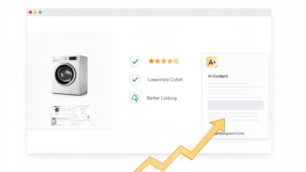 Screenshot of a product listing optimization tool for a washing machine, showing 5-star rating, 'Better Listing' features, and 'A+ Content' with an upward trend arrow.