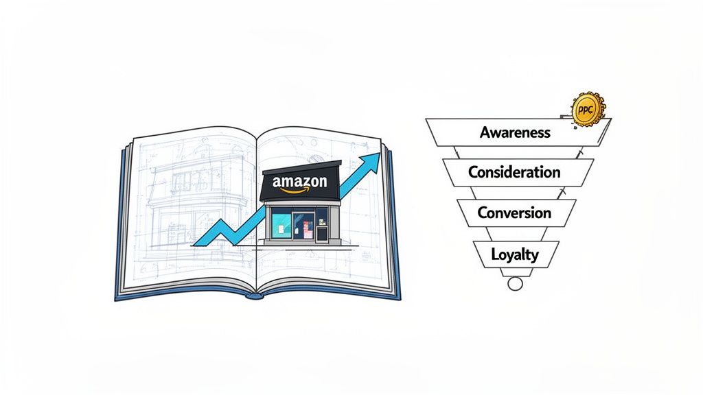Illustration showing Amazon sales growth using a marketing funnel with PPC for awareness, consideration, conversion, and loyalty.