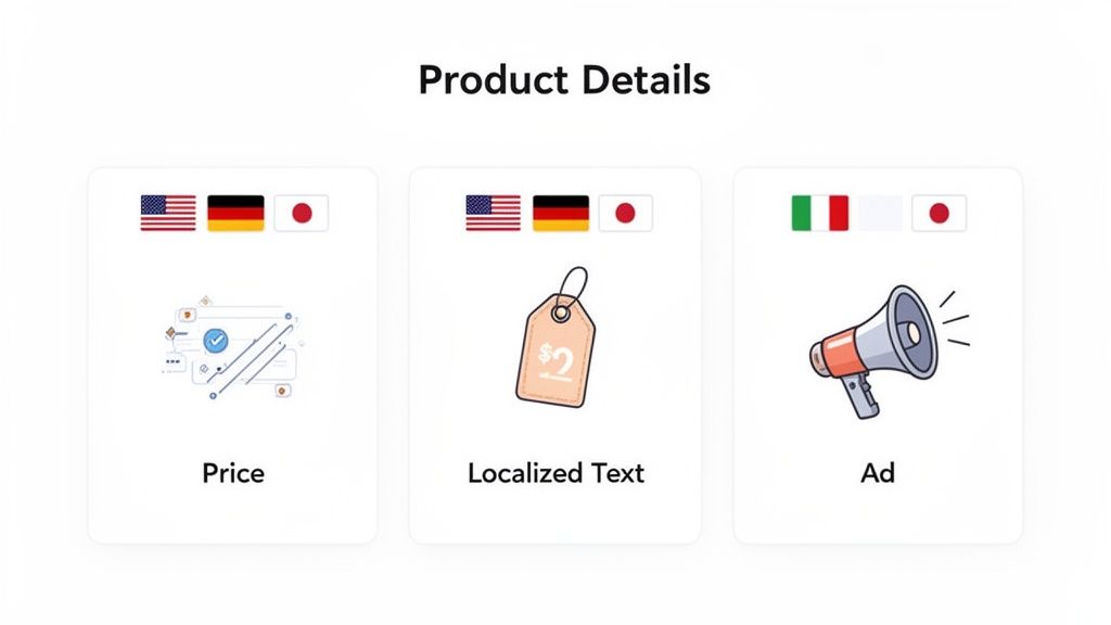 Product details with cards showing flags for USA, Germany, Japan, Italy, representing price, localized text, and advertising.