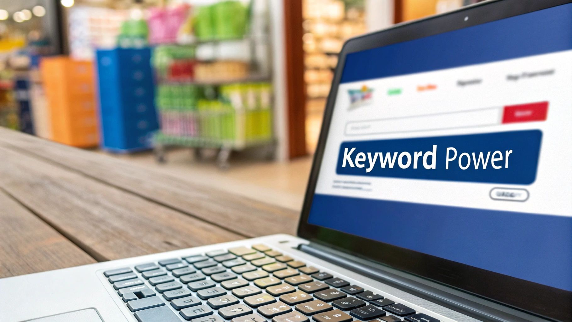 A person typing on a laptop with charts and graphs in the background, representing data analysis for Amazon keywords.