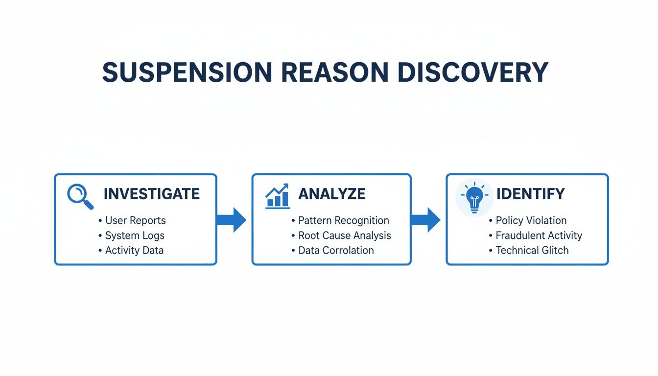 Flowchart outlining the three-step process for suspension reason discovery: Investigate, Analyze, Identify outcomes.