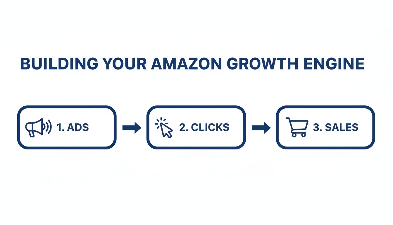 Flowchart illustrating the Amazon growth engine: ads lead to clicks, which lead to sales.