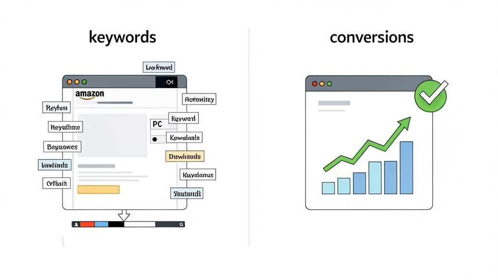 Visual shows keywords being researched on Amazon leading to a chart illustrating increased conversions and growth.