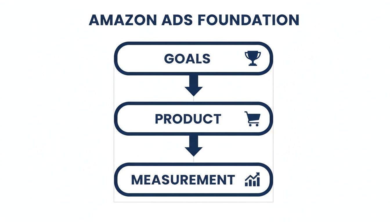 Diagram illustrating the Amazon Ads Foundation, outlining Goals, Product, and Measurement stages.