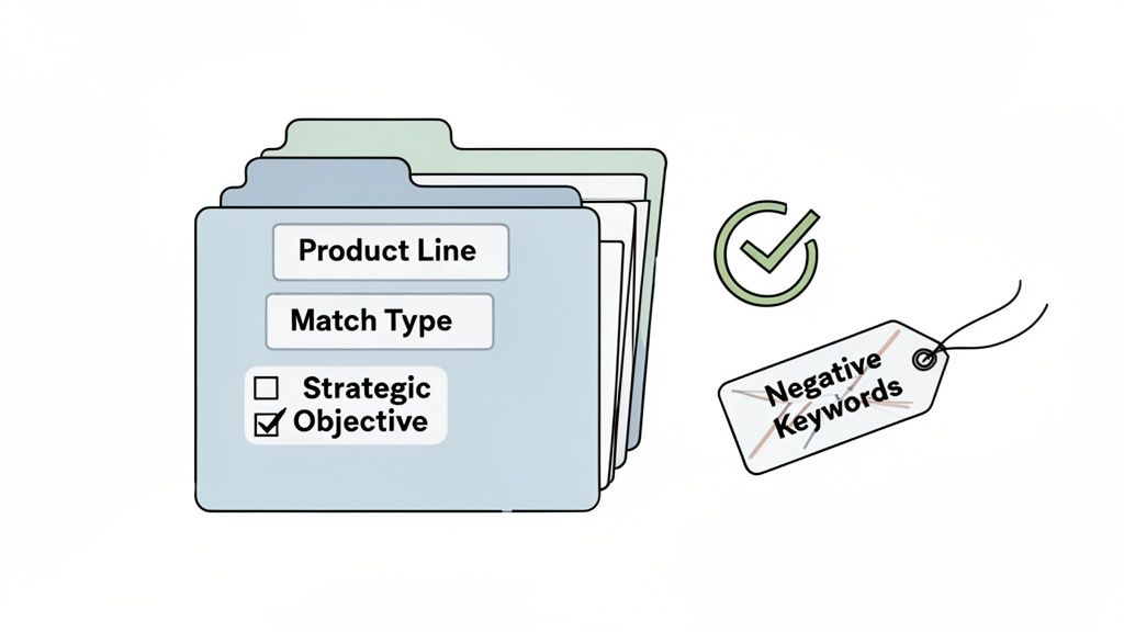 Ad campaign settings with 'Objective' selected in folders, a green checkmark, and 'Negative Keywords' crossed out.