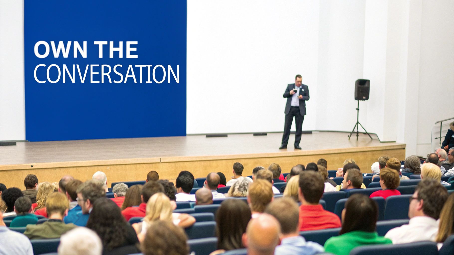 A person holding a megaphone, symbolizing the concept of share of voice and brand visibility.