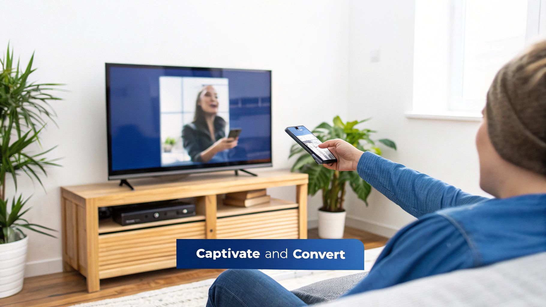 A person uses a smartphone to control a TV showing a woman holding a phone.
