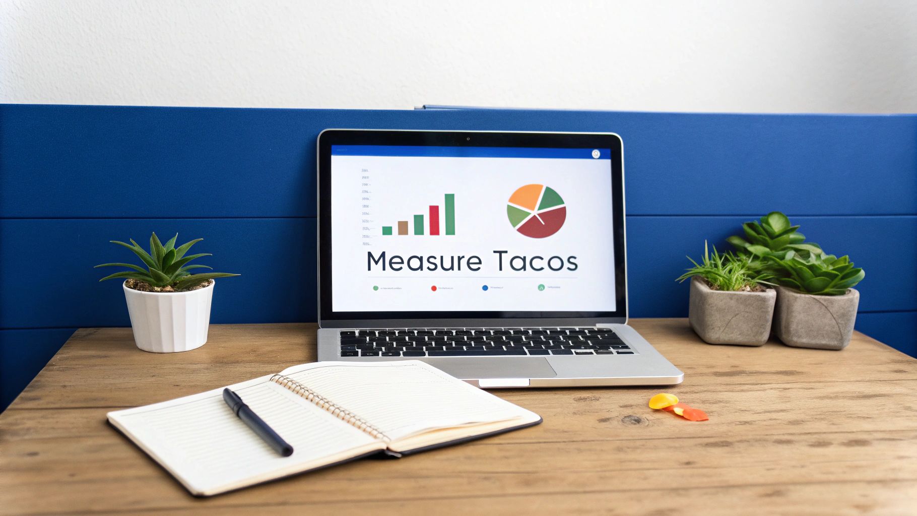 A modern workspace with a laptop displaying 'Measure Tacos' charts, notebook, pen, and potted succulents.