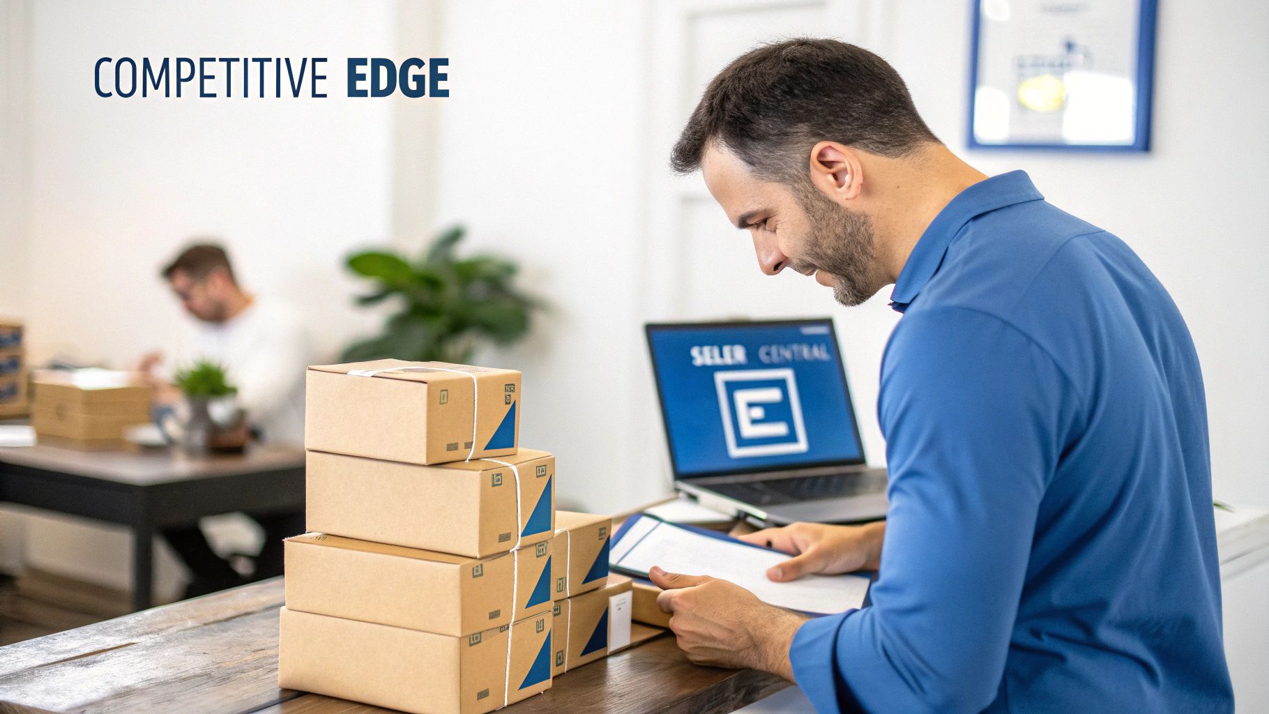 A person inspecting product quality in a warehouse setting, symbolizing quality control for gated categories.