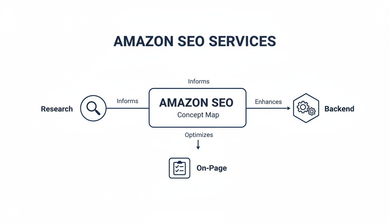 Flowchart illustrating Amazon SEO services: Research informs Amazon SEO, which optimizes On-Page and enhances Backend.