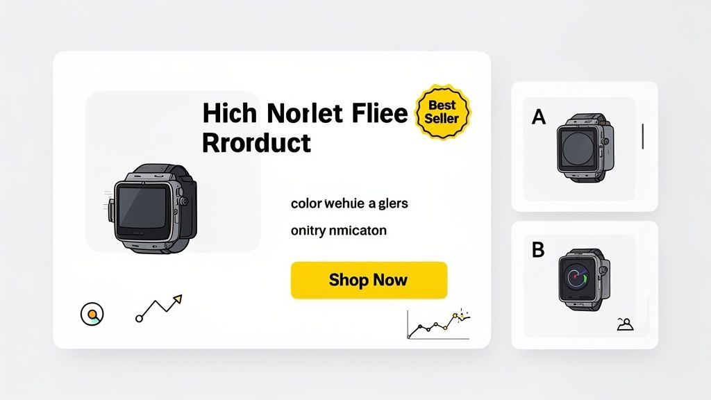 An e-commerce ad for a grey smartwatch featuring a 'Best Seller' badge and a 'Shop Now' button.