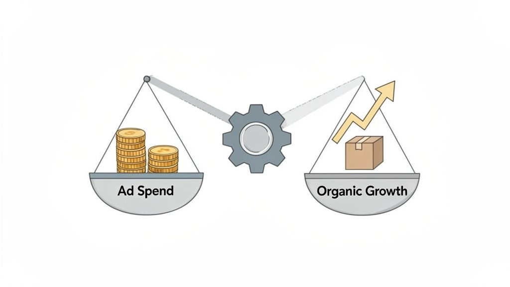 A balancing scale illustrates 'Ad Spend' with coins on a gear on the left, directly driving 'Organic Growth' with a box and upward arrow on the right.