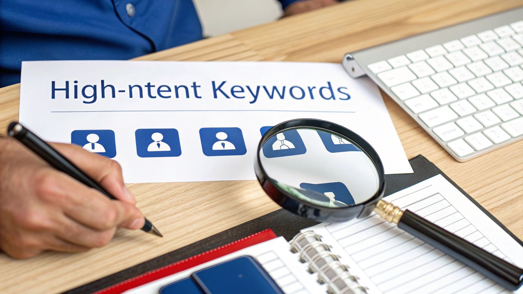 A person's hand with a pen reviewing a document titled 'High-intent Keywords' with a magnifying glass and keyboard.