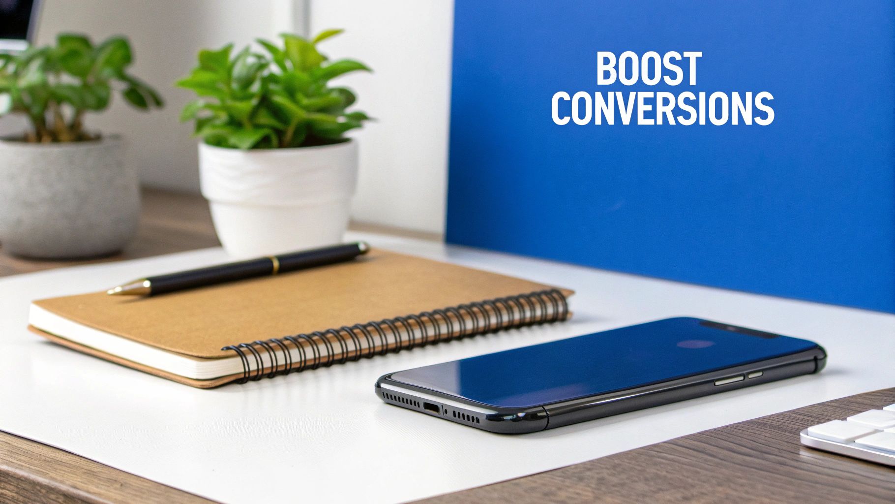 A clean office desk with a notebook, pen, smartphone, potted plants, and a 'Boost Conversions' sign.