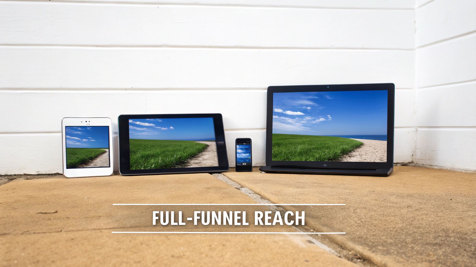 Multiple digital devices: a small tablet, large tablet, smartphone, and laptop displaying a nature scene, representing full-funnel reach.