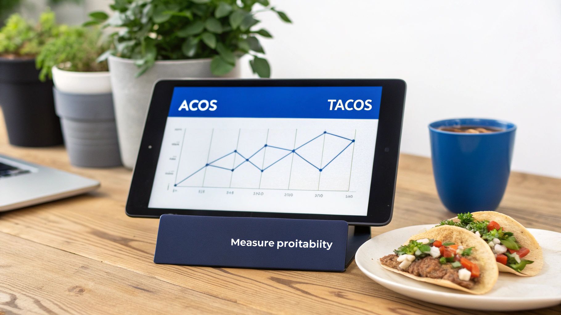 A tablet displays ACOS and TACOS profitability graphs, with two tacos, coffee, and plants on a wooden desk.