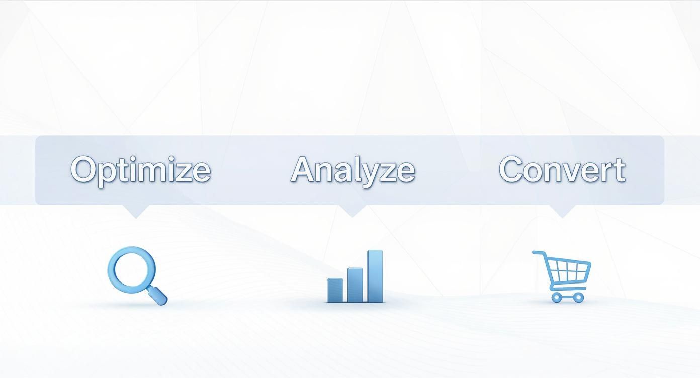 Three pillars of ecommerce success showing optimize with magnifying glass, analyze with bar chart, and convert with shopping cart icons