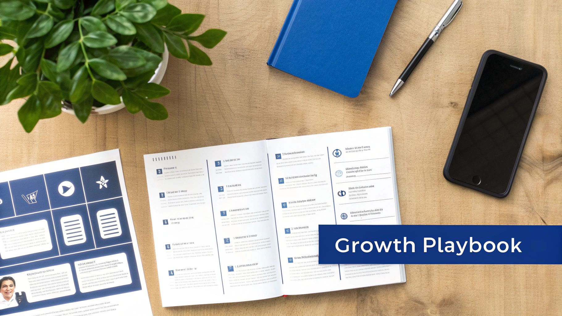 A flat lay of a wooden desk with a plant, blue notebook, pen, smartphone, and an open 'Growth Playbook' document.
