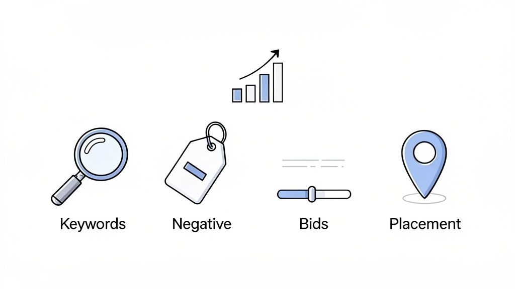 Icons representing digital advertising campaign settings: keywords, negative keywords, bids, and ad placement.