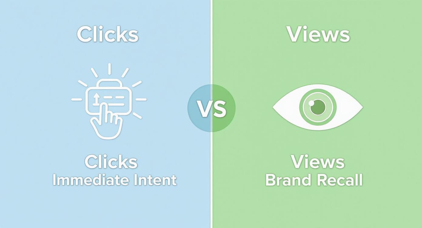 Infographic comparing clicks, which represent immediate intent, versus views, which build brand recall.
