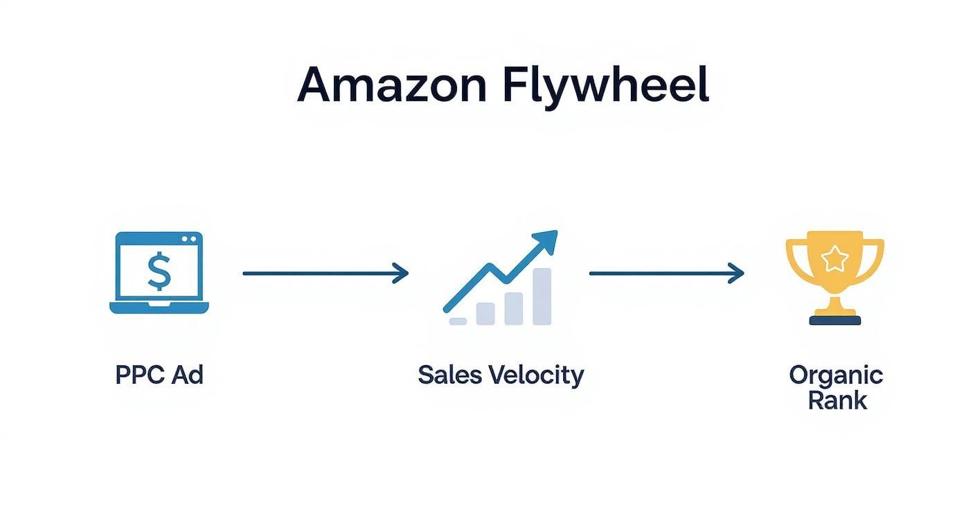 An Amazon Flywheel diagram illustrating how PPC ads drive sales velocity, leading to higher organic product rank.