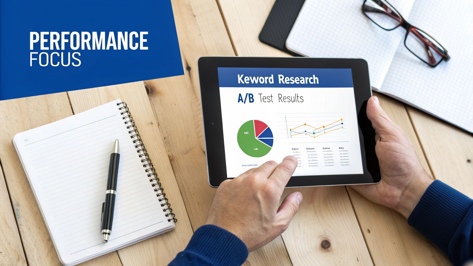 Person analyzing digital marketing performance data on a tablet, showing keyword research and A/B test results.