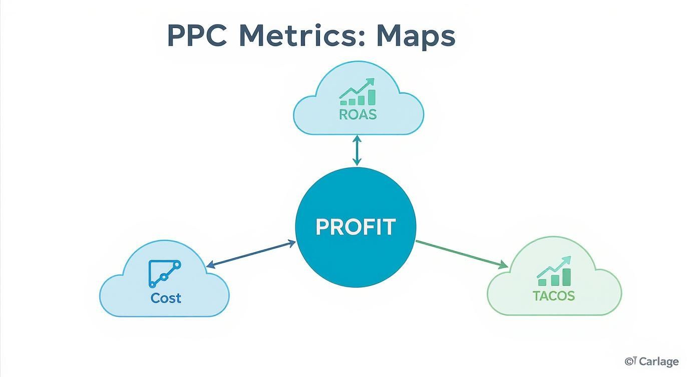 PPC metrics diagram showing ROAS, Cost, and TACOS connected to central Profit metric for Amazon advertising