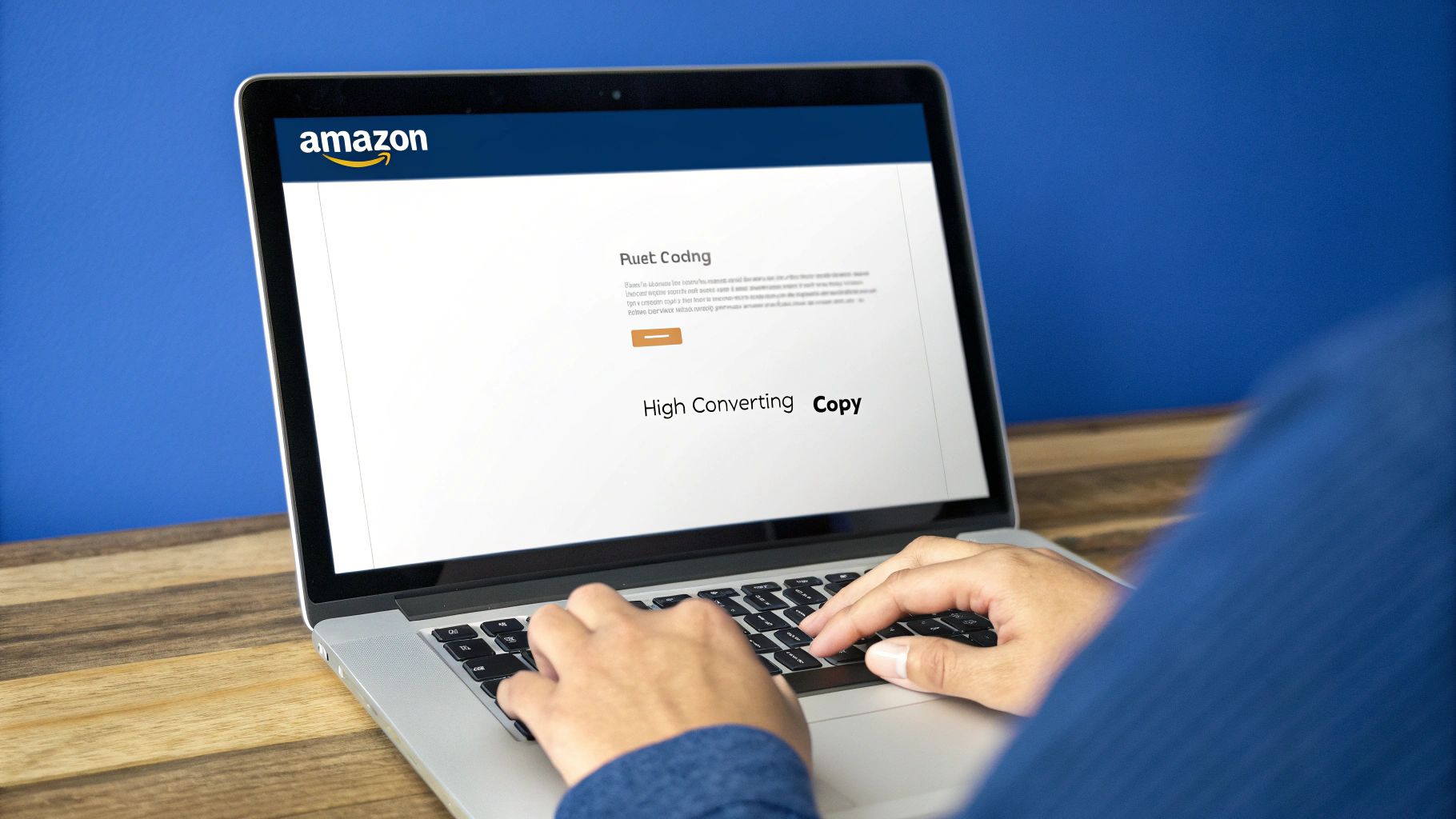 A professional copywriter refining an Amazon product listing on a dual-monitor setup in a well-lit office.