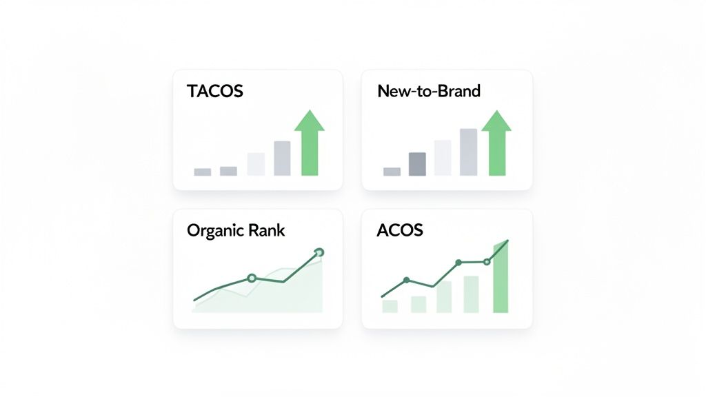 Four charts illustrating growth in Amazon ad performance metrics: TACOS, New-to-Brand, Organic Rank, and ACOS.