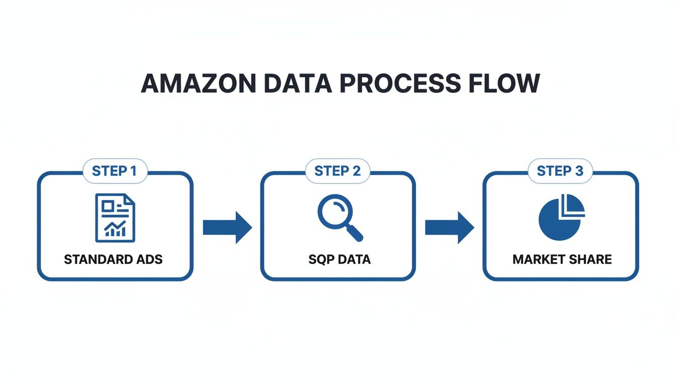 A three-step Amazon data process flow showing standard ads, SQP data, and market share.