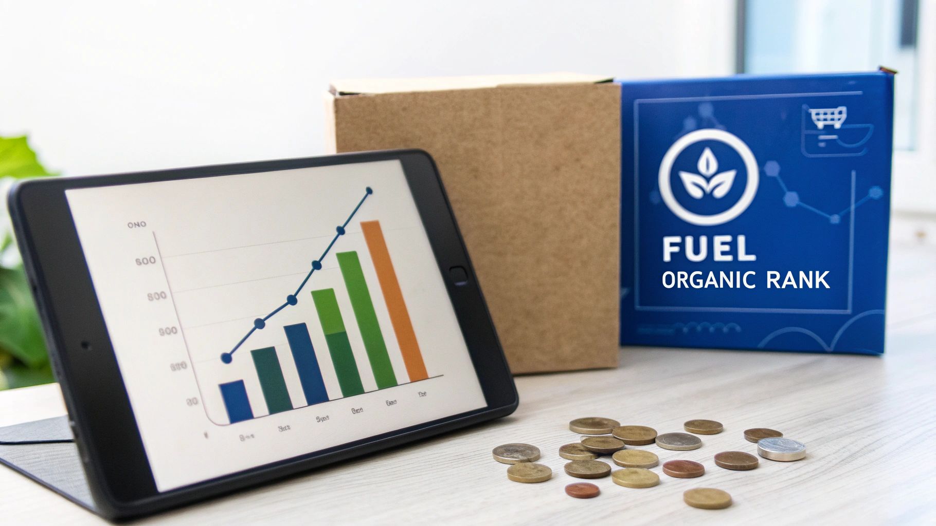 Digital tablet displaying a rising sales graph, coins, and a 'Fuel Organic Rank' box.