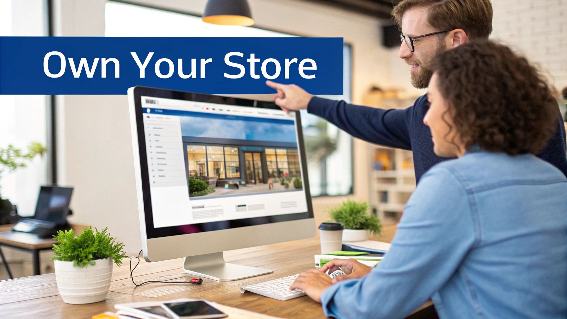 A stylized image of a woman shopping online, representing the customer experience on an Amazon Brand Store.