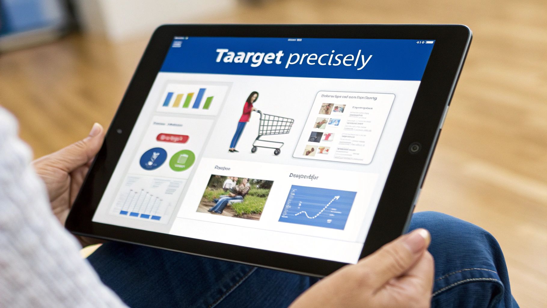 User holding a tablet displaying a 'Taarget precisely' application with charts, a shopper, and data.